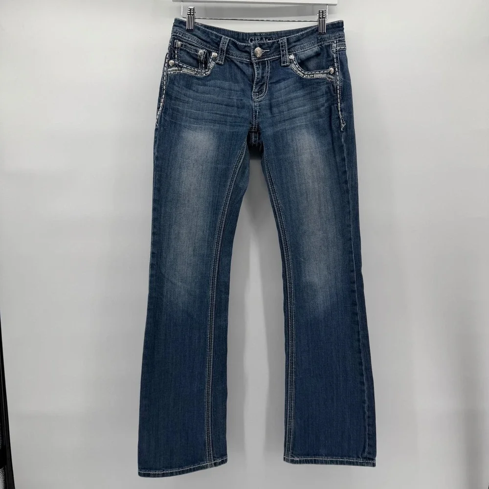 Grace in LA Bootcut Jeans Womens 27‎ Blue Medium Wash Embroidered Sequin Bling